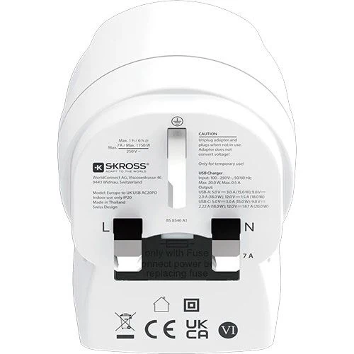 Adaptador de Viagem Skross Europa para UK + USB-A | USB-C 20PD - Image 2