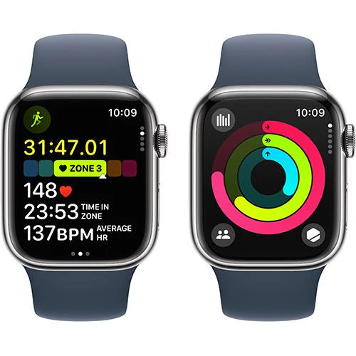 Apple Watch Series 9 GPS 41mm - Cellular - Aço Inoxidável Prateado | Bracelete Desportiva Azul trovoada - S/M - Image 4