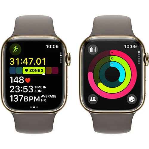 Apple Watch Series 9 GPS 45mm - Cellular - Aço Inoxidável Dourado | Bracelete Desportiva Argila - M/L - Image 4