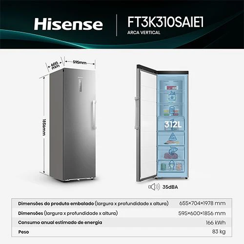 Arca Congeladora Vertical Hisense FT3K310SAIE1 | 185,6x59,5x60 cm | 312 L | E | Look inox - Image 4