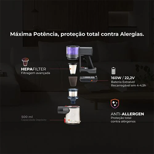 Aspirador Vertical Flama 1644FL Proclean | 22.2 V | 40 Min. | Cinzento - Image 4