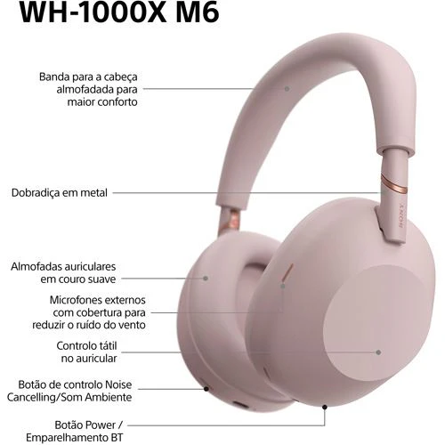Auscultadores Noise Cancelling Bluetooth Sony WH-1000XM6P - Rosa Areia - Image 13