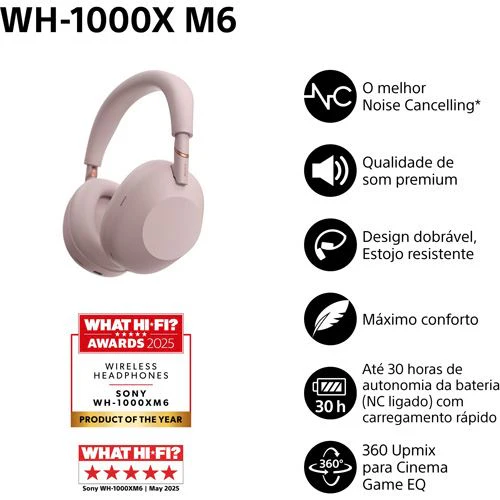Auscultadores Noise Cancelling Bluetooth Sony WH-1000XM6P - Rosa Areia - Image 2