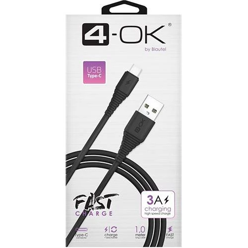 Cabo USB a USB Tipo-C 4-OK Fast 3A Charge - 1 metro - Preto - Image 2