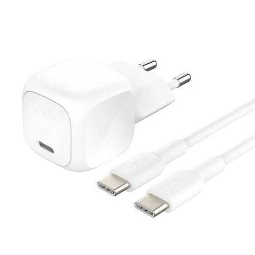 Carregador Compacto Belkin BoostCharge USB-C 20W + Cabo 1m - Branco