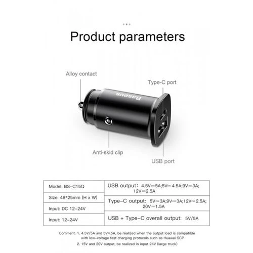 Carregador de Isqueiro Baseus USB+USB-C - Preto - Image 3