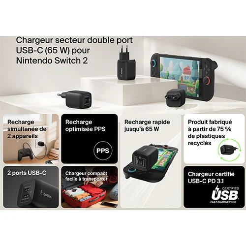 Carregador GaN 2 x USB-C Belkin para Nintendo Switch 2 - Preto - Image 6