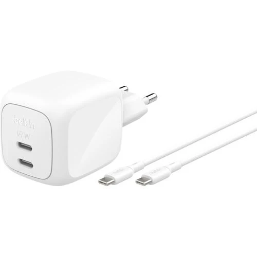 Carregador GaN 2x USB-C Belkin Boost Charge Pro 67W + Cabo USB-C - Branco