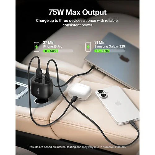 Carregador Isqueiro Belkin USB-A + 2x USB-C de 75 W - Preto - Image 2