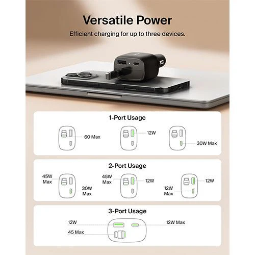 Carregador Isqueiro Belkin USB-A + 2x USB-C de 75 W - Preto - Image 3