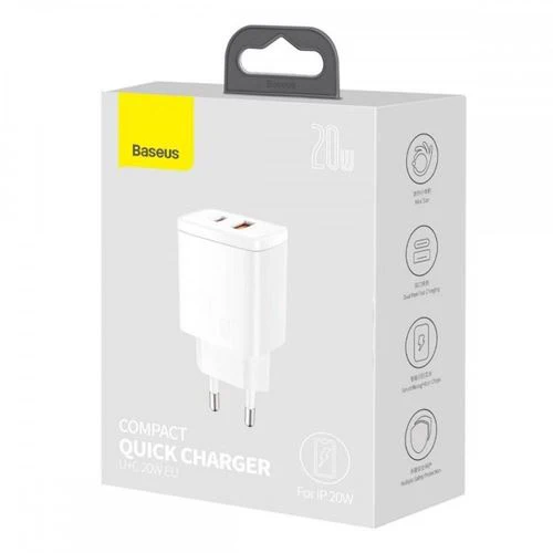 Carregador Rápido USB+USB-C com Power Delivery Baseus 20W - Branco - Image 4