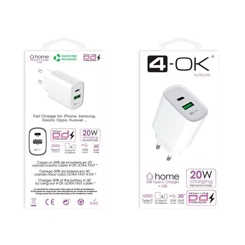 Carregador USB + USB-C com Power Delivery 4-Ok 20W - Branco - Image 3