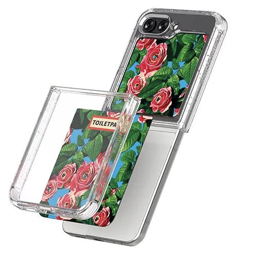 Flipsuit Card Toiletpaper para Samsung Galaxy Z Flip5 - Azul com Padrão Rosas - Image 3