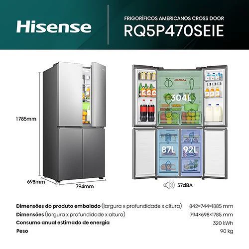 Frigorífico Americano Hisense RQ5P470SEIE | 178,5x79,4x69,8 cm | 483 L | E | Look Inox - Outlet - Grade C - Image 3