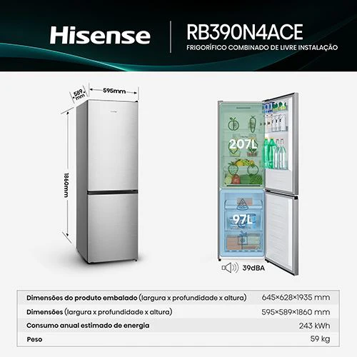 Frigorífico Combinado Hisense RB390N4ACE | 186x59.5x58.9 cm | 304 L | E | Look Inox - Image 3
