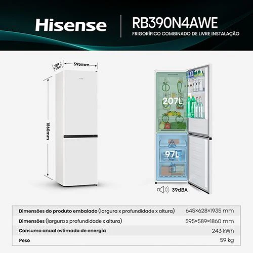 Frigorífico Combinado Hisense RB390N4AWE | 186x59,5x58,9 cm | 304 L | E | Branco - Image 3