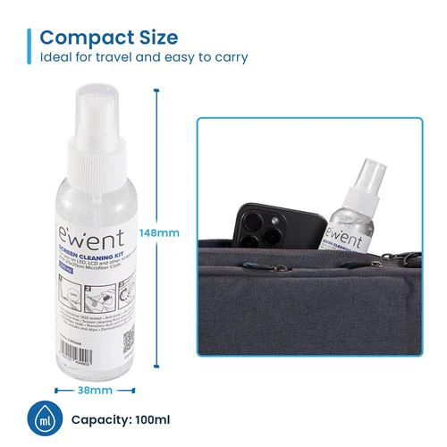 Kit Limpeza de Ecrãs Ewent EW5668 100ml + Pano de Microfibras 20x20cm - Image 9
