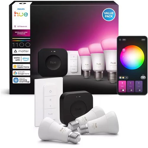 Kit Philips Hue Starter Kit 3 Lâmpadas Smart E27 + Hue Dimmer Switch + Hue Bridge Pro - Image 8