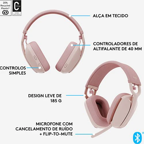 Auscultadores Bluetooth Logitech Zone Vibe 100 - Rosa - Image 7