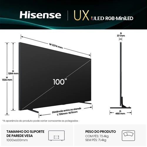 Smart TV Hisense 100" RGB Mini-LED UHD 4K 100UXQ - 252cm - Image 2