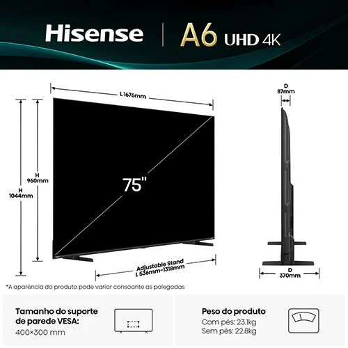 Smart TV Hisense 75" LED UHD 4K 75A6Q - 189cm - Image 2