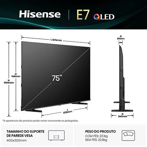 Smart TV Hisense 75" QLED UHD 4K 75E7Q - 189cm - Image 2