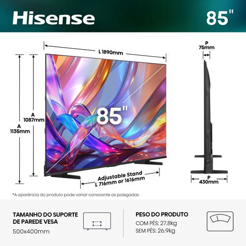 Smart TV Hisense 85" QLED UHD 4K 85E7S - 216cm - Image 2