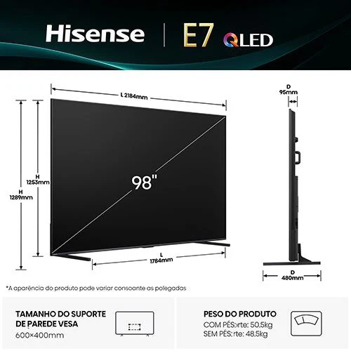 Smart TV Hisense 98" QLED UHD 4K 98E7Q - 247cm - Image 2